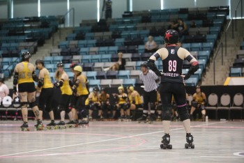 Killamazoo Derby Darlins vs The Chicago Outfit in Game 3 of 2014 WFTDA D2 Playoffs in Kitchener-Waterloo